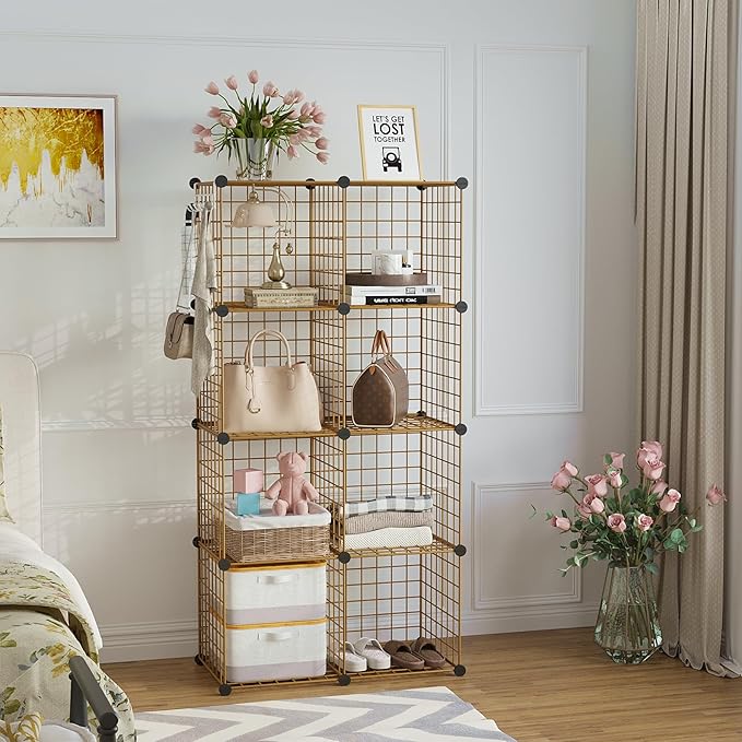 C&AHOME Wire Cube Storage, 8 - Cube Organizer Metal C Grids, Modular Shelves Units, Closet Organizer, Ideal for Home, Office, Living Room, 24.8" L x 12.4" W x 48.4" H, Brown UWCS3008R