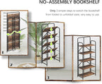 4NM No Assembly Folding Bookshelf 5 Tiers Vintage Industrial Black Book Shelf Metal Foldable Storage Bookcase and Bookshelves for Living Room,Bedroom and Kitchen - Rustic Brown