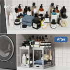 2PC Under Sink Organizer Rack 2 Tier Under Sliding Cabinet Basket Organizer Drawer with 4 Hooks, Multi-purpose Under Sink Storage for Bathroom Kitchen Desktop（Grey）