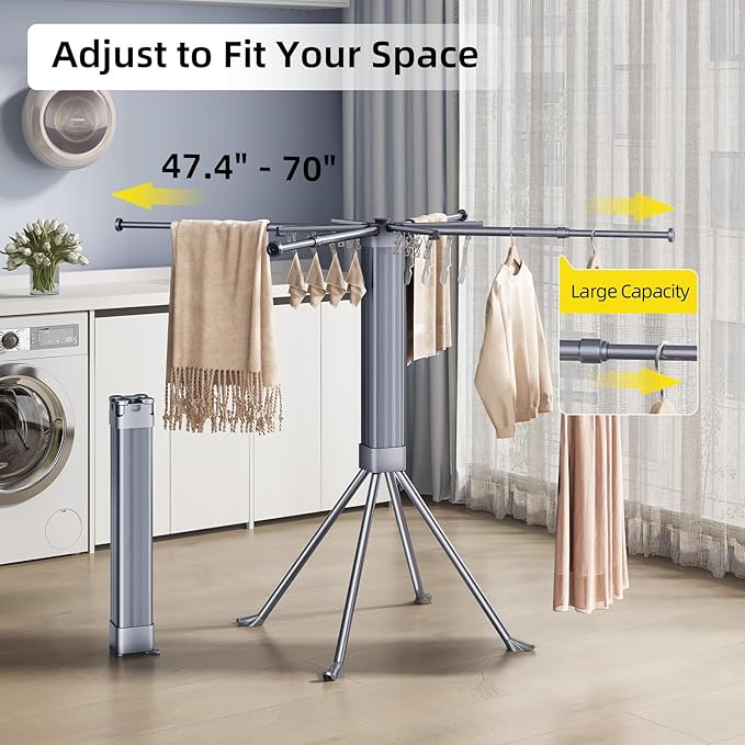 BIREN Clothes Drying Rack Foldable Extending Laundry Rack with 16 Clips Collapsible Clothing Rack Space-Saving Clothing Racks for Hanging Clothes, Indoor, Camping, Balcony, Outdoor