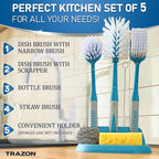 Dish Brush Set of 5 with Convenient Holder, Bottle Water Brush, Dish Scrub Brush, Scrubber Brush and Straw Brush - Kitchen Scrub Brushes Non Slip Long Handle for Sink Dishes Cup Pot