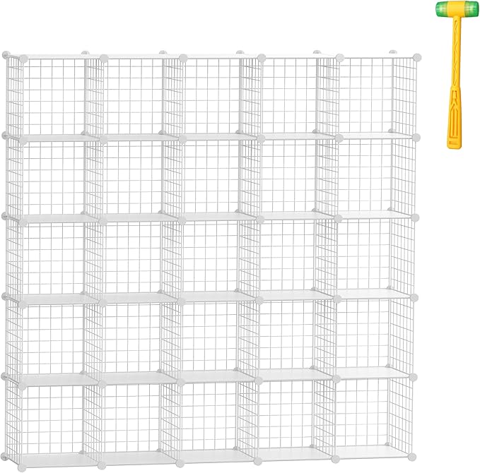 TUMUCUTE Cube Storage Organizer, Metal 25-Cube Shelves Bookshelf, Portable Closet Clothes Organizer for Bedroom, Home, Office, White