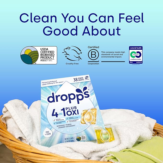Dropps 4-in-1 Plus Oxi Free & Clear Power Biobased Laundry Detergent Pods, Unscented (38 Pods) - Chlorine-Free Bleach Alternative Biobased Laundry Whitener, Stain & Odor Remover