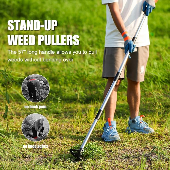 RONSUNG Weed Puller Tool with 57" Long Handle – 2-in-1 Stand Up Weeder & Garden Hoe with Heavy-Duty Steel Head, Manual Hand Uprooting Weeding Pull for Lawn, Yard & Lawn, Bonus Gloves Included