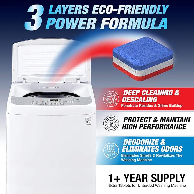 Washing Machine Cleaner Tablets 70 Pack for HE Top Load - Eco Friendly Washer Machine Cleaning Tablets - 2 Layers Septic Safe Wash Machine Full Deodorizer Descaler Protector - 3 Plus Year Supply
