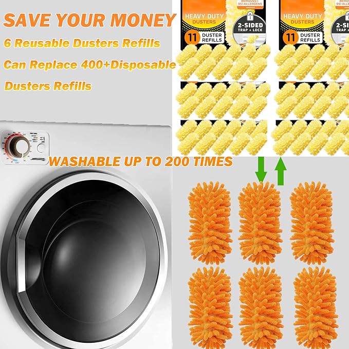 Duster Refill for Swiffer Duster, Reusable Duster Refill Compatible with Swiffer Hand Duster, 360° Heavy Duty Washable Microfiber Dusters for Cleaning, 6 Pack & 1 Handle, Orange