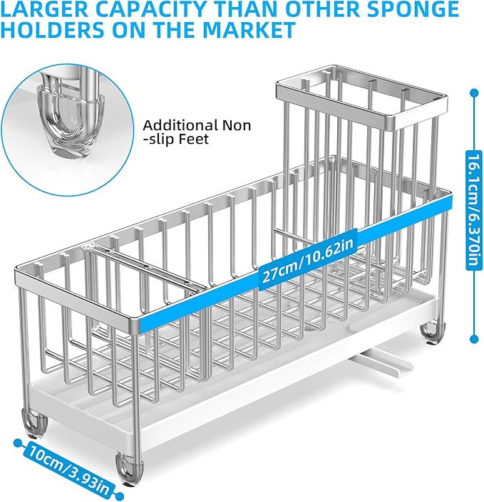 Moforoco Larger Version Sponge Holder for Kitchen Sink, Sink Caddy with High Brush Holder, Kitchen Sink Organizer Countertop Rustproof 304 Stainless Steel (Stainless Steel)