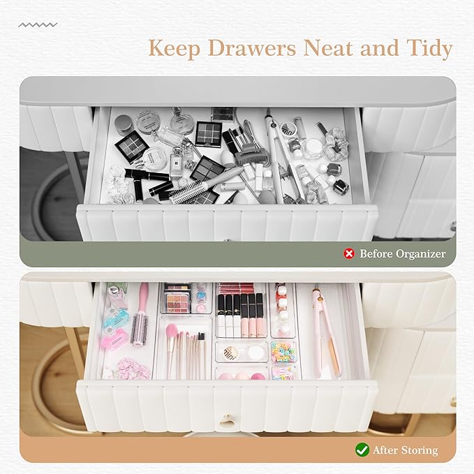 Criusia Drawer Organizer, 12 Pack Clear Plastic Kitchen Drawer Organizers Set,4-Size Versatile Bathroom and Vanity Organizer Trays,Storage Bins for Makeup, Bathroom, Jewelries and Office