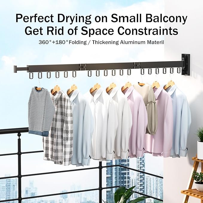 Space Saver Clothes Drying Rack, Wall Mounted, Retractable, Collapsible(Tri-Fold), for Balcony, Bathroom, Black Color
