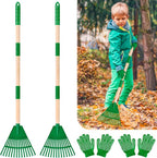 2 Pcs 35'' Kids Rakes for Leaves - Plastic Rake Head with 2 Pairs Kids Gloves, Small Kids Lawn Rakes Detachable Wooden Handle, Autumn Garden Tool Set for Kids Boys and Girls, Green, 3yr+
