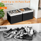 StoreHappily Shoe Organizer for Closet - 2 Packs Hold up to 32 Pairs, Large Shoe Storage Organizer Containers with Adjustable Dividers, Clear Cover, Leather Handles for Heels, Boots, Sneakers (Black)