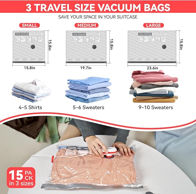 Vacuum Bags for Travel with USB & TYPE C Pump,Vacuum Seal Travel Bags,15 Pack Carry-on Size Vacuum Storage Bags for Luggage and Suitcase,Space Saver for Clothes and Travel(Red)