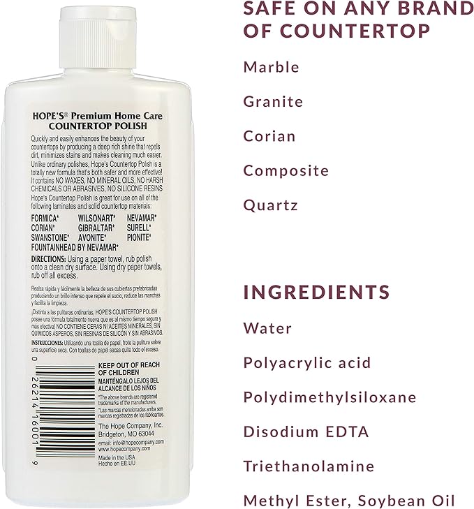 HOPE'S Countertop Restoration Polish - Shines and Protects with No Build-Up - Streak-Free Kitchen Counter Cleaner - Quartz, Marble, Corian, Laminate, Granite Countertop Cleaner, 8 Fl Oz, Pack of 1