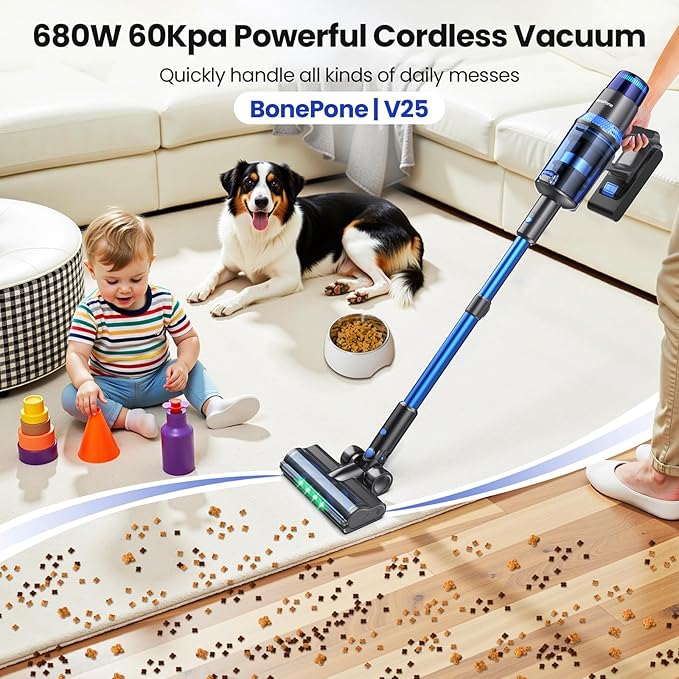 V25 Cordless Vacuum Cleaner, 680W 60Kpa Powerful Stick Vacuum with Dust Sensor, Digital Display, 4000mAh Rechargeable Battery up to 60Mins, Versatile for Pet Hair, Floor, Carpet (Royal)