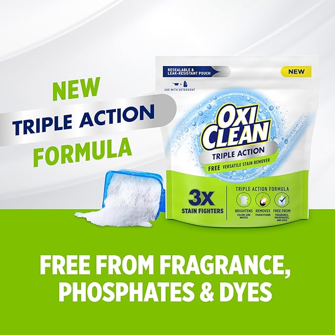 OxiClean Triple Action Free Versatile Stain Remover Powder, Use with Detergent, No Fragrance, No Dyes, No Chlorine, Removes Stains, Brightens Colors and Whites, 4 lbs