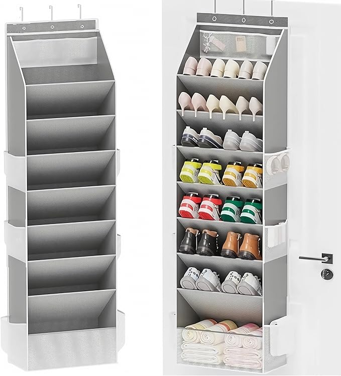 Over The Door Shoe Organizer - Shoe Rack with 8 Tiers, Sturdy Oxford Fabric Storage for Closet, Entryway, Dorm Room, Bedroom, Space Saving Holder for All Types Over The Door Organizer(Grey)