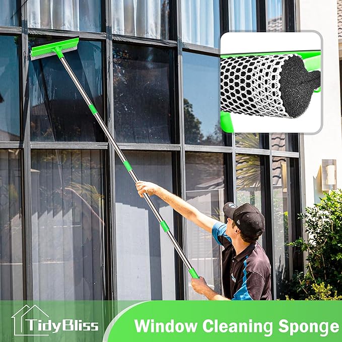 Window Squeegee Professional, 56” Car Windshield Glass Cleaner Tool with Extension Pole, Long Handle Household 10 inches Washer Sponge Scrubber Kit for Cleaning Home Mirror Outdoor (Green)