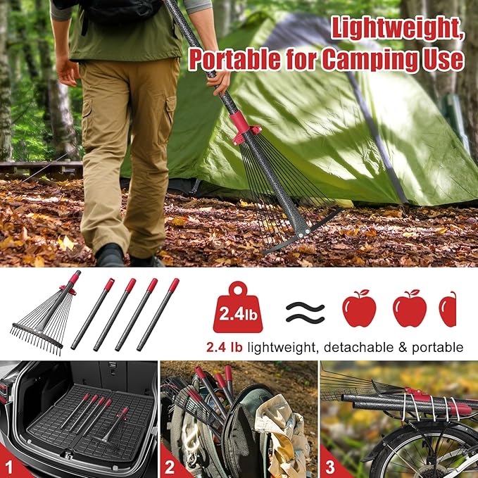 Garden Leaf Rakes for Leaves - 85" Adjustable Roof Cleaning Rake with Expandable Steel Head (8”-17”), Collapsible for Gardening Beds,Lawn,Shrub,Small Areas,Pine Needle& Camping Use