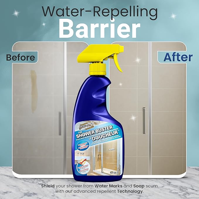 Shower Glass Door Cleaner – Shower Buster Spray for Soap Scum & Hard Water Stains – No Scrub Bathroom Cleaner for Glass, Tile, Chrome, Ceramic, RV and Septic Safe (500ml / 16.9oz)
