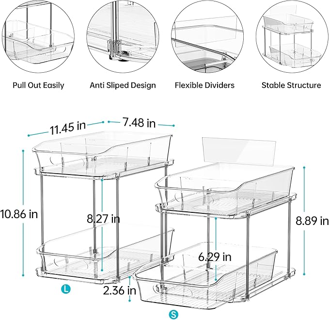 Delamu 2 Sets of 2-Tier Clear Under Sink Organizers and Storage, Multi-Purpose Stackable Bathroom Cabinet organizers, Pull Out Kitchen Pantry Organization and Storage with Dividers