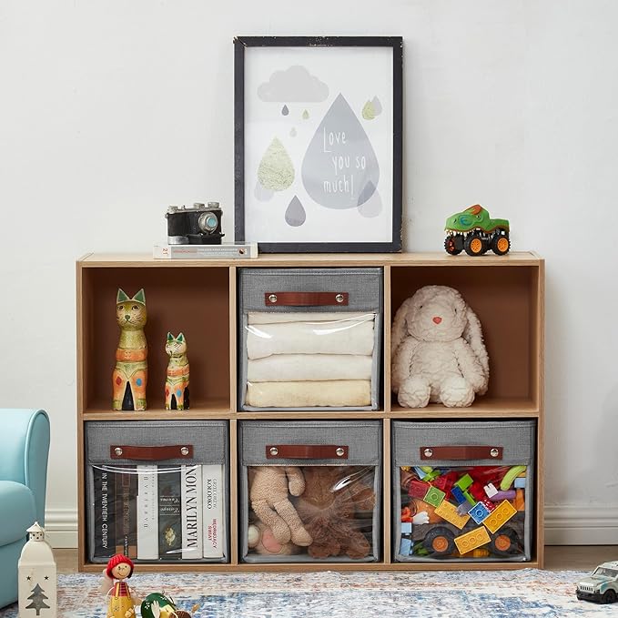 Storage Cube Organizer with Clear Window, Linen Collapsible Storage Boxes with PU Handles, Cube Storage Bins for Shelf, Closet, Cabinet, Bookcase (10.5x10.5x11, Gray)