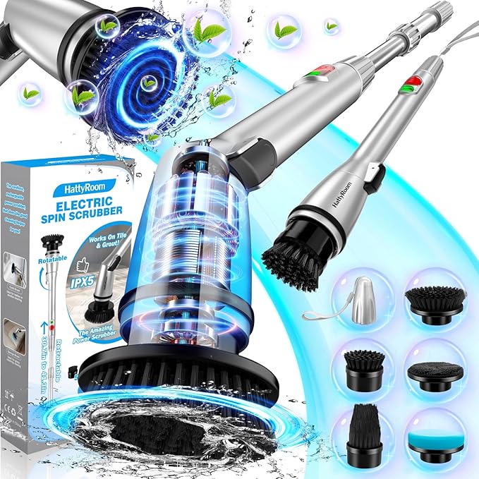 Rechargeable Cordless Electric Scrubber with 5 Cleaning Brush Heads, Powerful Adjustable Shower with Long Handle Extension Arm for Bathroom, Tub, Tile, Car, Floor