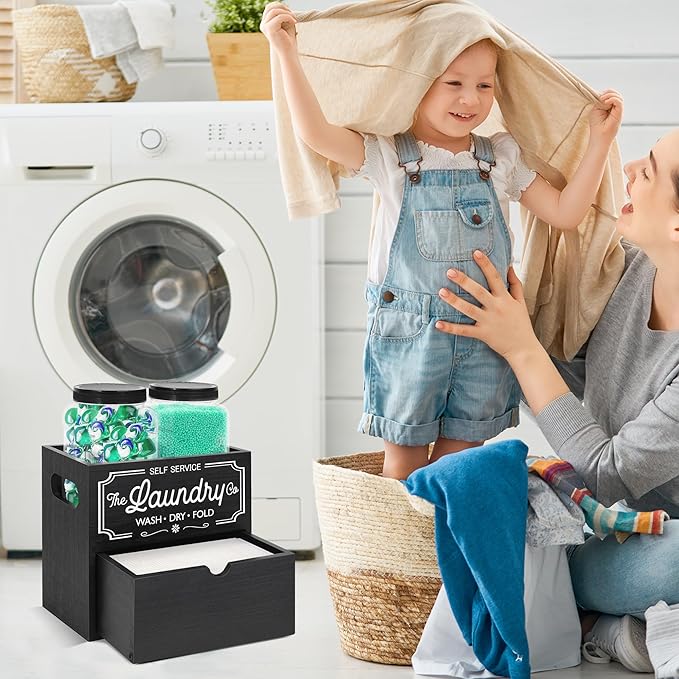 Dryer Sheet Container for Laundry Room Organization, Laundry Pods Container Include 2 Plastic Jars with Lids for Laundry Room Storage, Drying Ball and Laundry Detergent Dispenser, Laundry Room Decor