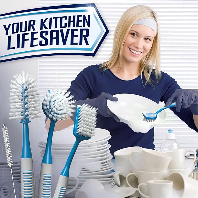 Dish Brush Set of 4 - Kitchen Scrub Brushes with Non-Slip Long Handle for Cleaning, Scrubber, Dishwashing, Dishes, Bottles, Straws, Cups, Pots & Sink, Blue