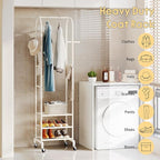 Garment Rack with Wheels,Small Metal Coat Rack With 4 Hooks,Freestanding Heavy Duty Clothing Rack with Shoe Shelves,Hanging Rod for Small Space,Bedroom,Entryway, Office, Living Room (White)