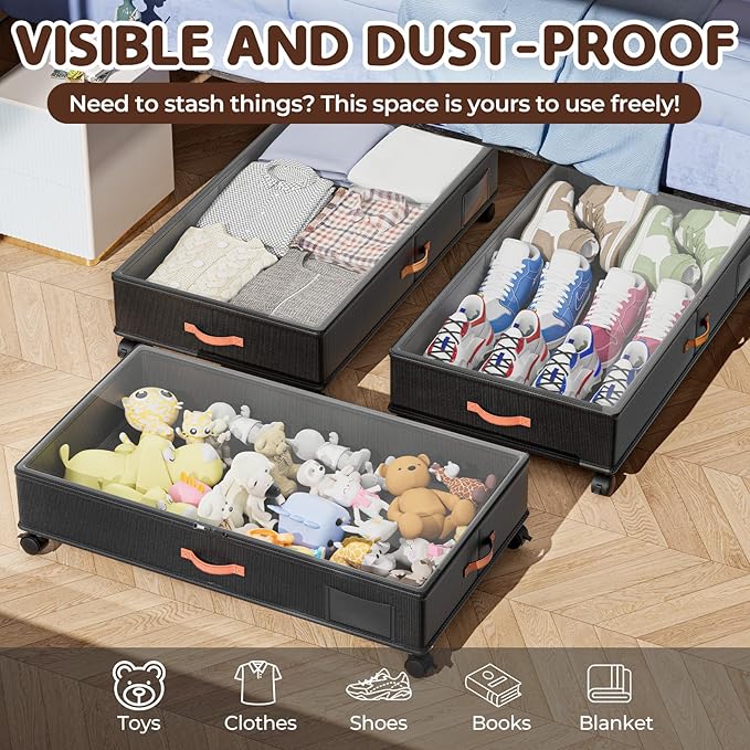 Under Bed Storage with Wheels 2-Pack, Under Bed Storage Containers 60L Clear Lids, Rolling Storage Drawers for Clothes Shoes Blankets, Underbed Organizer Bins(32" L x 17.3" W x 7.5" H)