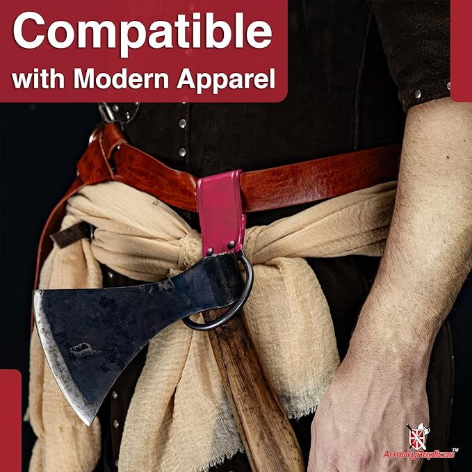 Armory Replicas - Hand Forged Medieval Viking Battle Axe Holder - Genuine Bovine Leather Functional Costume O-Ring Weapon Belt Holster