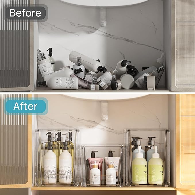 Vtopmart 2 Pack Clear Stackable Storage Drawers,9.7" High Plastic Organizers Bins for Skincare, Bathroom Supplies,Ideal for Cabinet,Undersink,Vanity,Kitchen,Pantry Organization