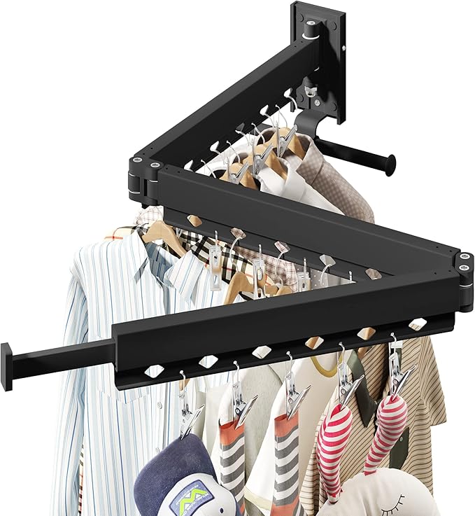 Wall Mounted Clothes Hanger,Clothes Drying Rack,Laundry Drying Rack,Clothes Rack,Laundry Rack Wall Mount,Retractable Collapsible Drying Rack Clothing (Windproof Holes,with Clips),Black