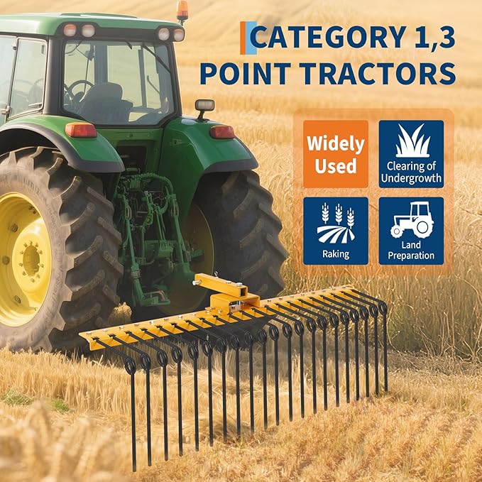 48 Inch Durable Pine Straw Rake Powder Coated Steel Landscape Rake Fits 2" Receiver for Lawn Tractors or ATV/UTV, Orange