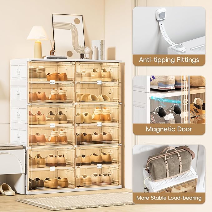 JEKO&JEKO 6-Tier Foldable Shoe Storage Box with Magnetic Doors, Large Stackable Shoe Organizer Cabinet for Entryway, Clear Front Door Shoe Boxes Hold Up to 24 Pairs (White)