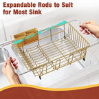 JASIWAY Gold in Sink Dish Drying Rack, Expandable Stainless Steel Small Dish Rack Over Kitchen Sink, Plate Drainer Strainer with Cutlery Holder & Cup Holders, Counter Space Saving Wire Dryer Rack