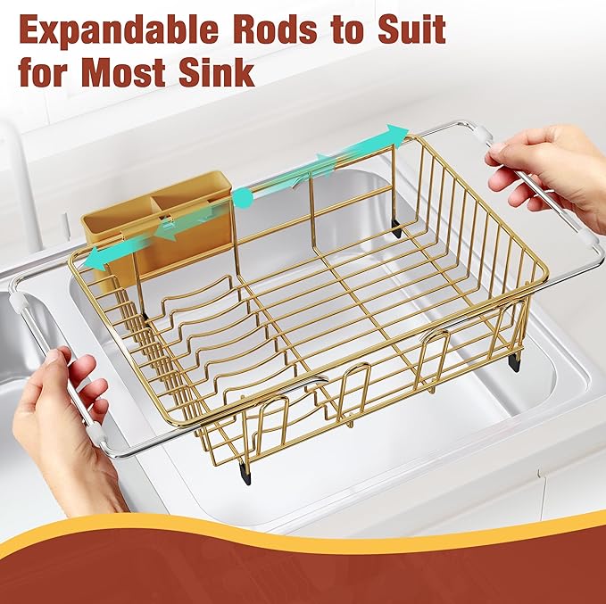 JASIWAY Gold in Sink Dish Drying Rack, Expandable Stainless Steel Small Dish Rack Over Kitchen Sink, Plate Drainer Strainer with Cutlery Holder & Cup Holders, Counter Space Saving Wire Dryer Rack