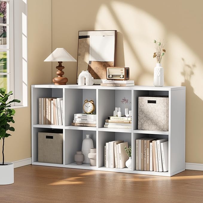 YESHOMY 8 Cube Bookcase, Open Frame 2-Tier Book Shelf, Bookshelf Storage Organizer with Adjustable Shelves for Organization, Room Decor, Milk White