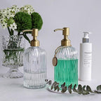 JASAI 2PACK 18Oz Fluted Glass Soap Dispenser with Golden Rust Proof Pump, Refillable Kitchen soap Dispenser with Vertical Stripe, Bathroom Soap Dispenser for Dispense Hand soap, Dish Soap, Lotion.