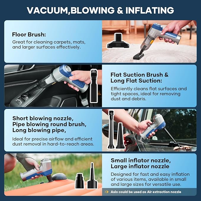 Mini Vacuum Cleaner, 3 in 1 Car Vacuum Cleaner High Power, 15000PA Powerful Suction, Air Duster, 7500mAh, Adjustable Small Vaccum Portable Cordless for Cars,Desktop,Home- Light Blue