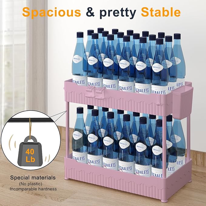 2 Pack Under Sink Organizer, Under Bathroom Cabinet Organizer with Hooks Hanging Cup, Multi-Purpose Storage Shelf for Kitchen Bathroom (Pink, L)