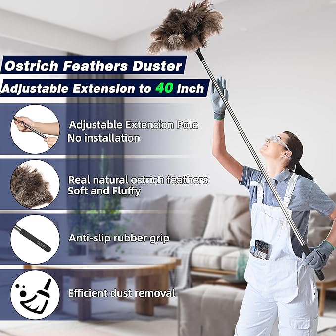 Soarer Ostrich Feather Duster - 40inch Extendable Feather Duster and 14 inch Handle Feather Duster 2pcs Cleaning Brush for Cleaning Supplies,Ceiling Fan, Crafts, Blinds, Furniture