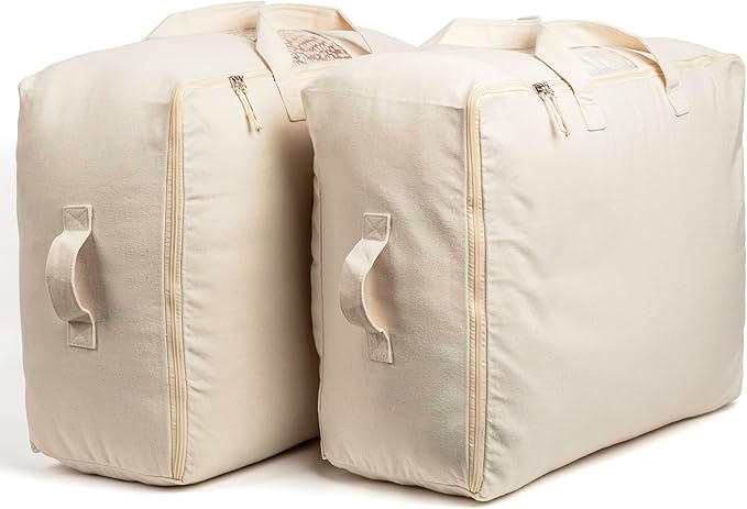 Soft Canvas Storage Bags with Zipper. Thick Breathable, 2pc King/Queen Comforter Organizer. Four Carrying Handles and Window. Large 25x19x9in Bag for Sheets Blankets Bedding Pillows, Clothes