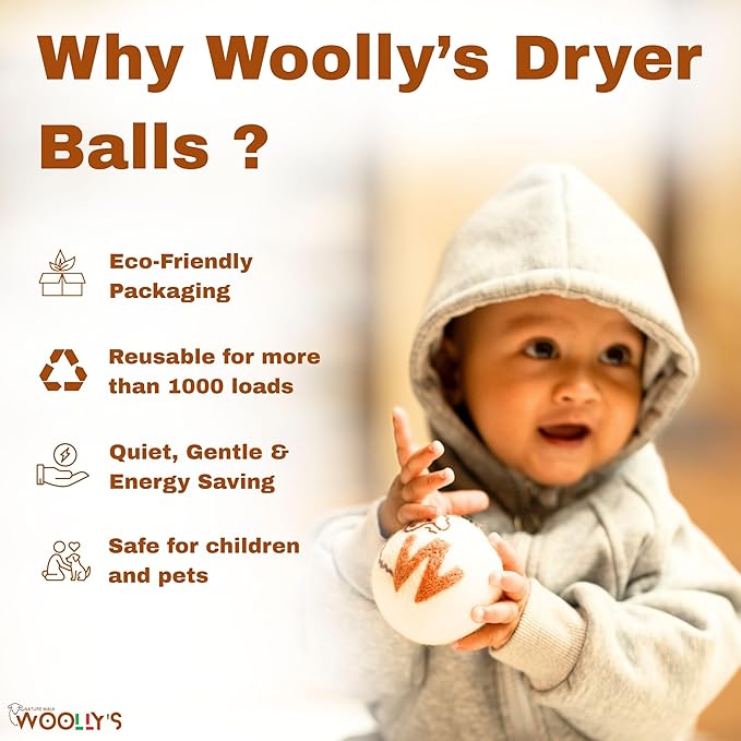 Woolly’s Wool Dryer Balls (Pack Of 3) | 100% Pure New Zealand Wool | Reduces Drying Time up to 40% | Chemical-Free Fabric Softener (3)