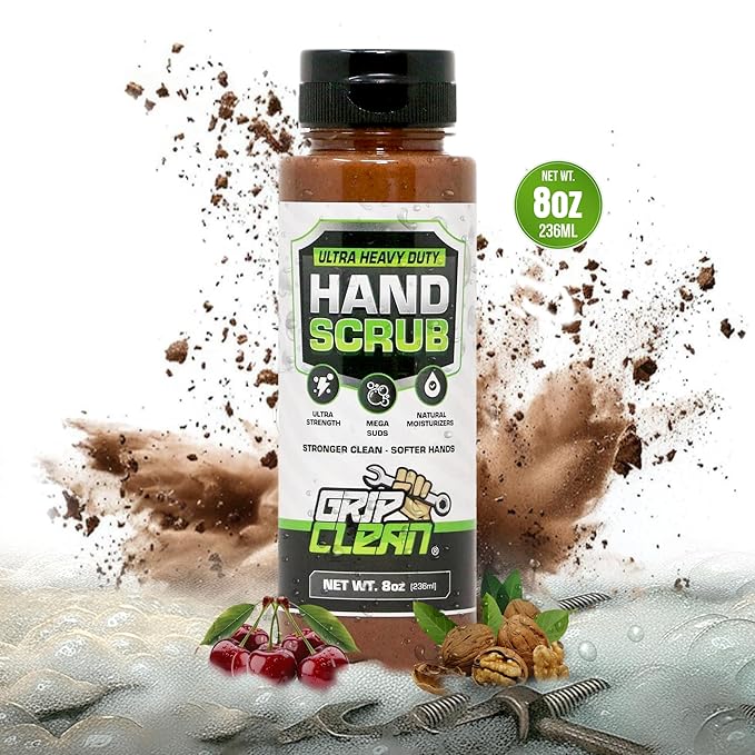 Grip Clean Ultra Heavy Duty Hand Cleaner for Mechanics – Walnut Shell & Clay-Infused Technology Removes Grease, Oil & Paint – Pro-Grade Industrial Hand Soap with Cherry Scent - 8 Fl Oz