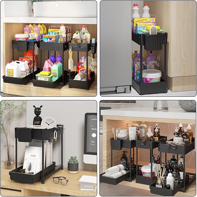 3 Pack Under Sink Organizers, 2-Tier Multi-Use Kitchen and Bathroom Organizers and Storage with Sliding Drawers，Bathroom Cabinet Organizer (Black, 14.8 Inch)