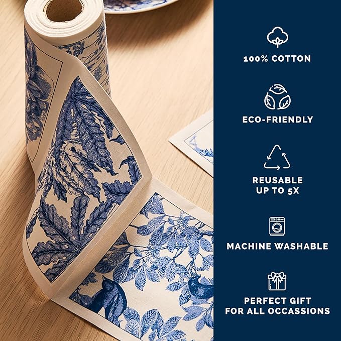 Botanicals Cocktail Napkin Roll of 50 | 100% Cotton Quick Dry Reusable | Perfect for Home, Dining, Birthday, Gifts | Blue and White, 4.5W X 4.5L