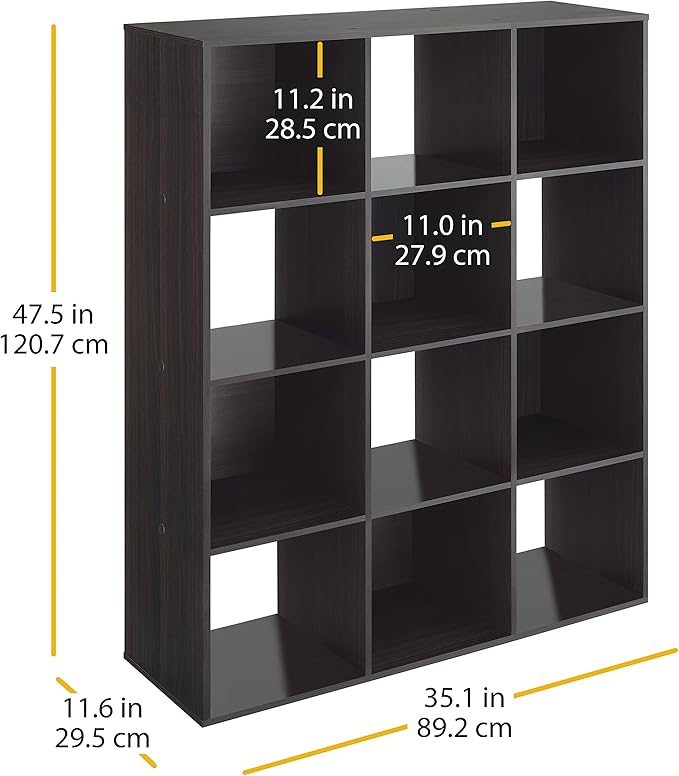 Whitmor 12 Cube Storage Organizer, 4 Tier Stackable Mdf Wood Bookcase, Open Storage Display Bookshelf, Storage Cabinet for Living Room, Bedroom, Home, Office, 35.1"L x 11.7"W x 47.5"H, Black