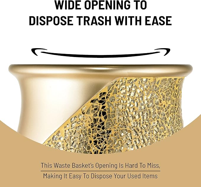 Zahari Home 2pc Sinatra Modern Bath Accessories Set Waste Basket & Tissue Box Champagne Gold Modern Decorative Beautiful Designs Bathroom Decor Set for Home Luxury Bath Set Mosaic Glass