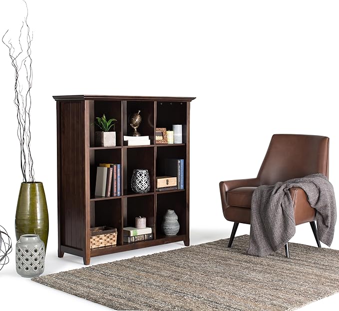 SIMPLIHOME Acadian Bookcase - 44 inch Tall 9-Cube Solid Wood Cube Organizer in Brunette Brown, Transitional Bookcase Storage for Living Room, Study Room or Office with Fixed Shelves and Tapered Legs
